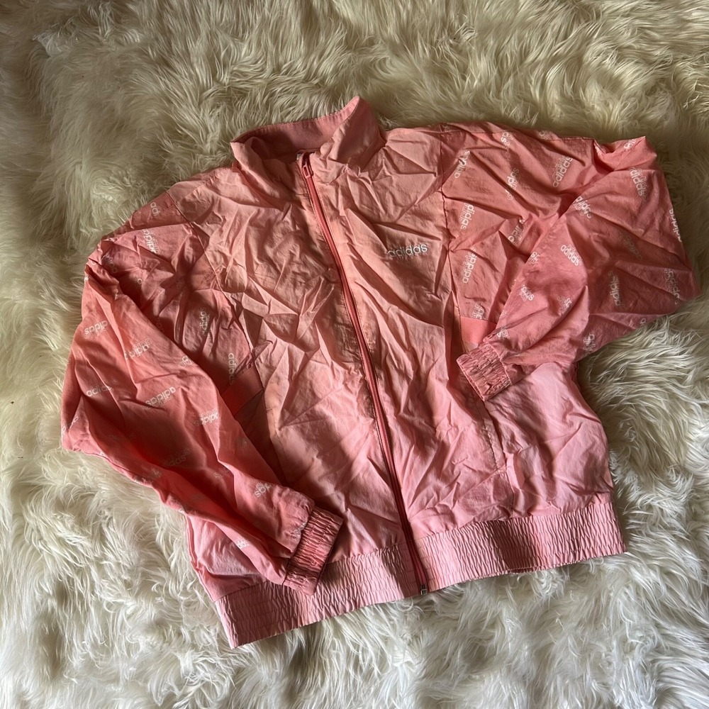 Adidas Track Jacket Pink spell out  White Womens M Medium retro zipper